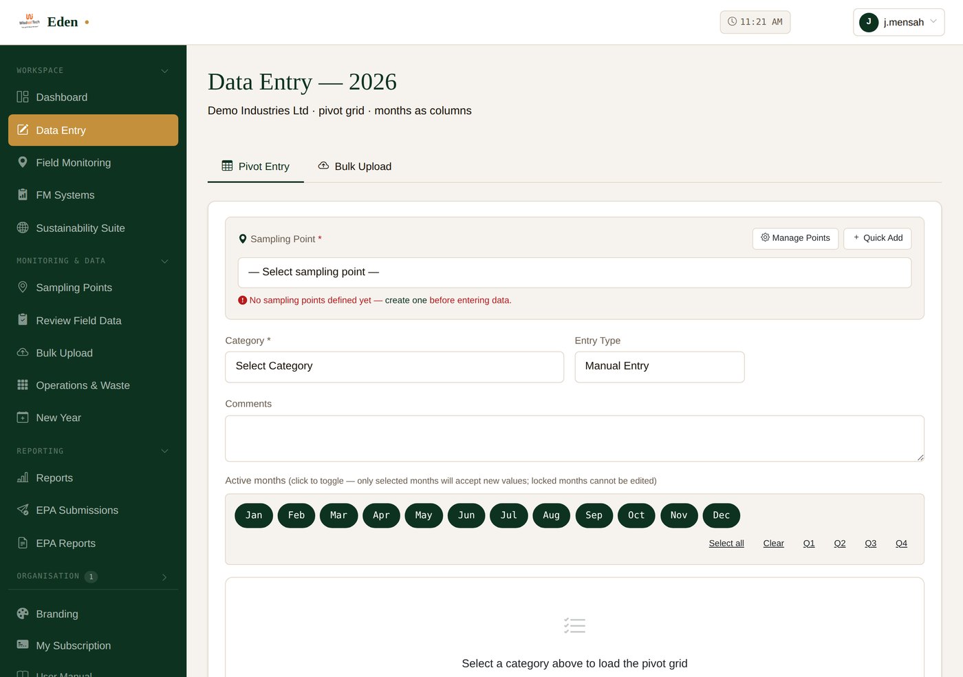 Data entry: choose a sampling point and category, then fill the grid month by month.